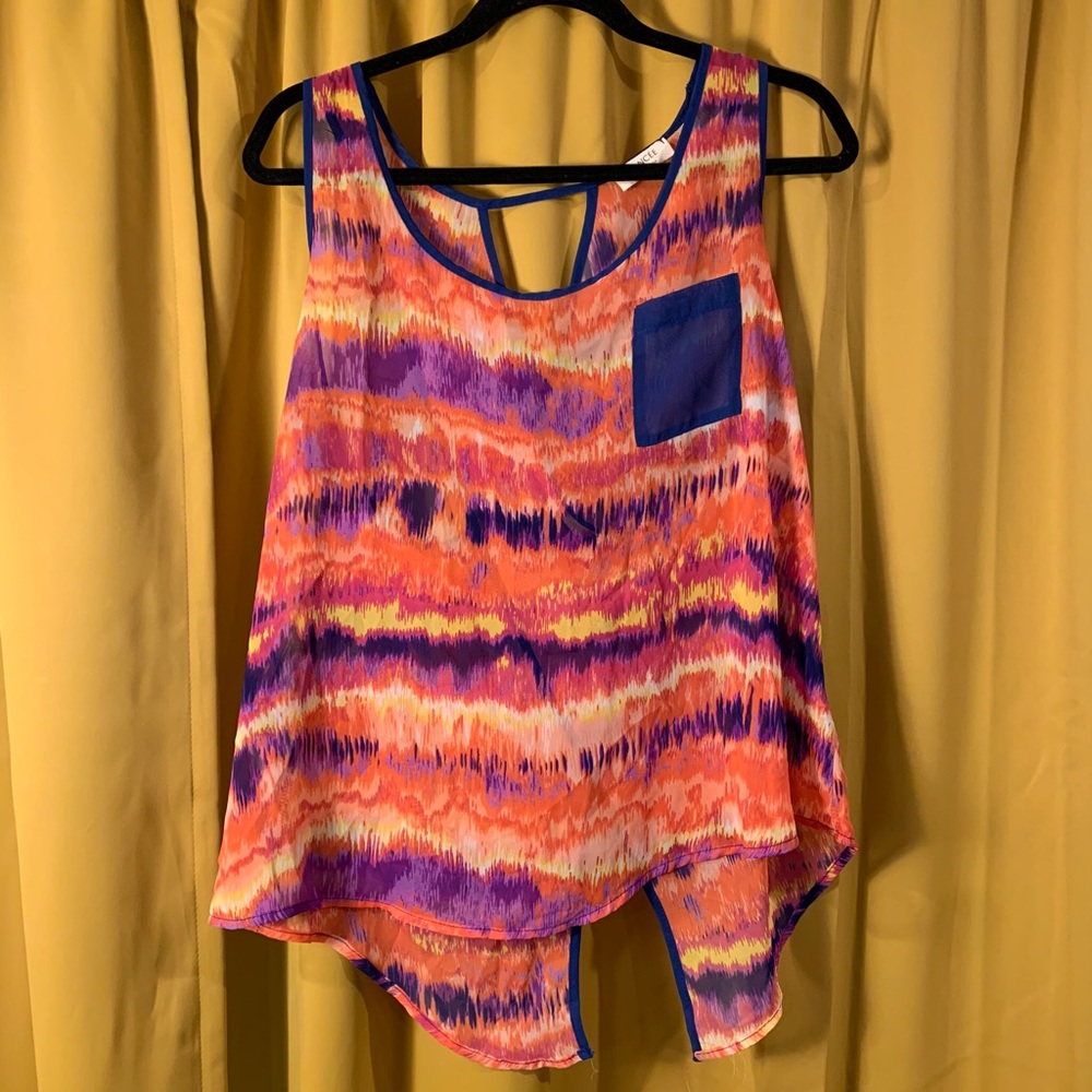 Funky Print Wrap Back Cut Out Flowing Tank